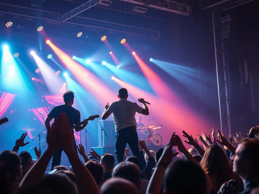 An energetic concert scene with a stage, artists performing, and engaged audience members, representing LIB ERRANCE's concert organization services.
