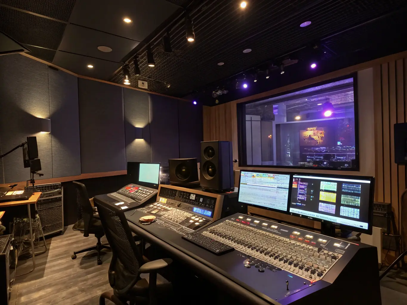 A recording studio setup with microphones, mixing consoles, and a camera capturing a live performance, showcasing LIB ERRANCE's audio and video recording capabilities.